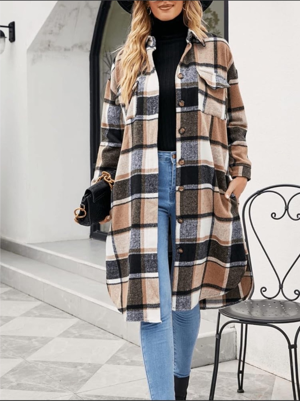 Plaid Shacket in Camel, Black & White
